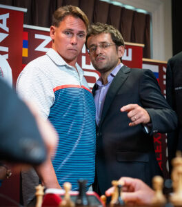 Randy Sinquefield (on left) with Grandmaster Levon Aronian - Courtesy of Saint Louis Chess Club, Lennart Ootes