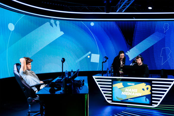 Carlsen, Judit Sztaray, Niemann, 2024 Speed Chess Championship Finals.
Photo by Maria Emelianova