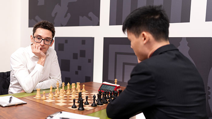 Fabiano Caruana vs Awonder Liang - Courtesy of the Saint Louis Chess Club, Photo by Austin Fuller